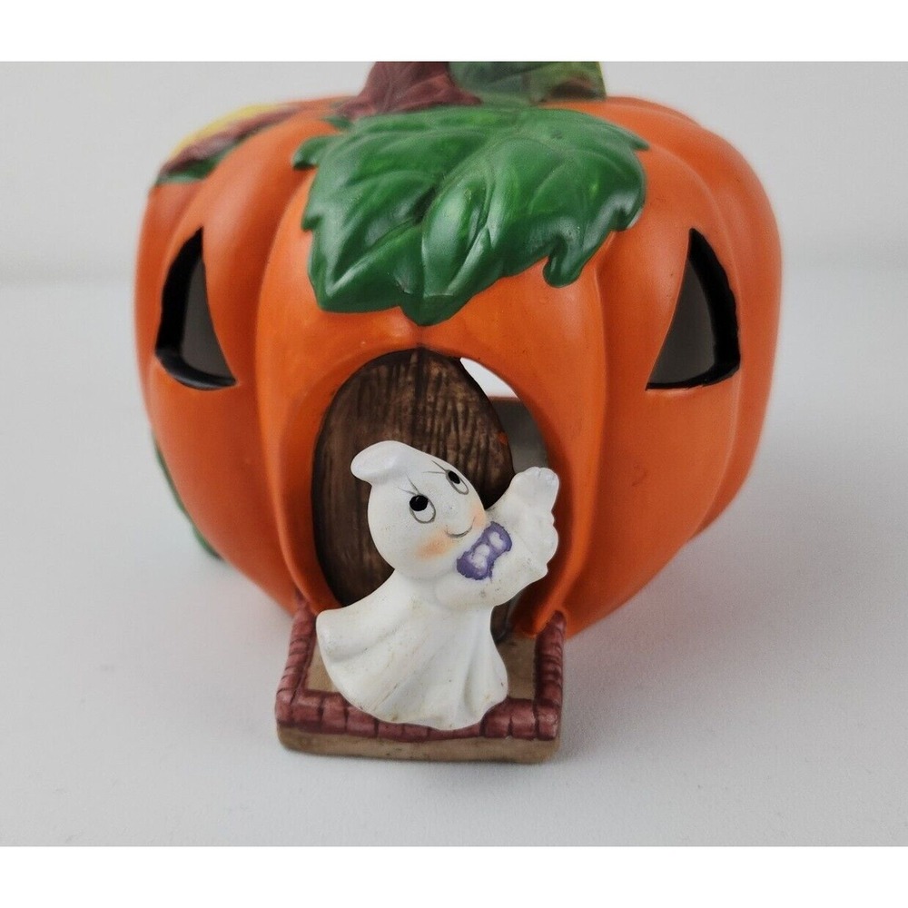 Vintage Halloween Ceramic Pumpkin and Ghost Tea Light Votive‎ Candle Holder